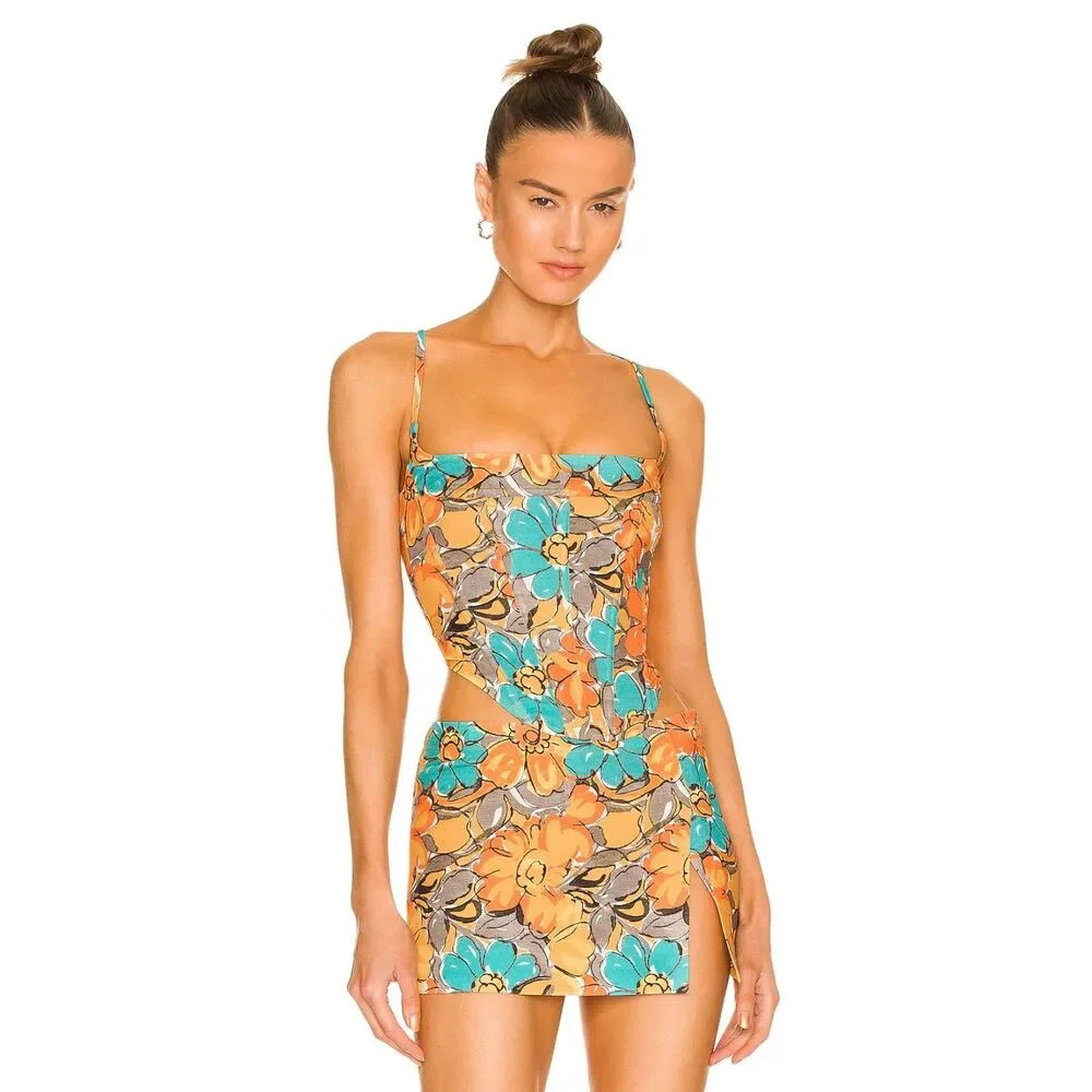 Miaou V Corset Top and Micro Mini Skirt in Parisian Flower Orange